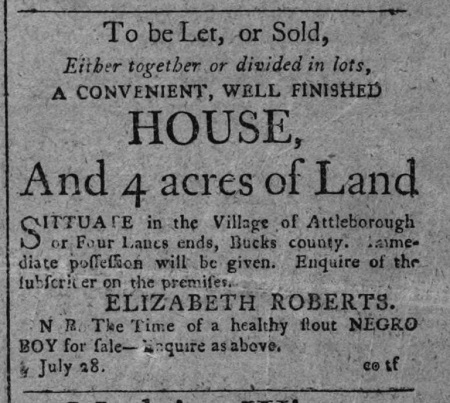 1800 Bucks County advertisement to sell an enslaved boy.